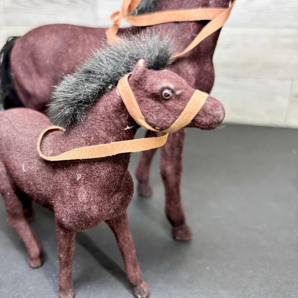 Vintage Flocked Brown Horse Pony Black‎ Maine Mother And Calf